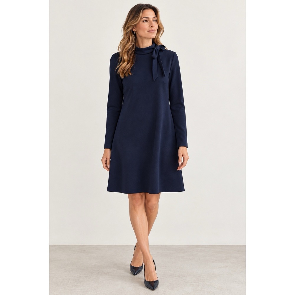 Calvin Klein Navy Blue Bow Neck A-Line Dress Women's 16 Long Slve Classic Preppy